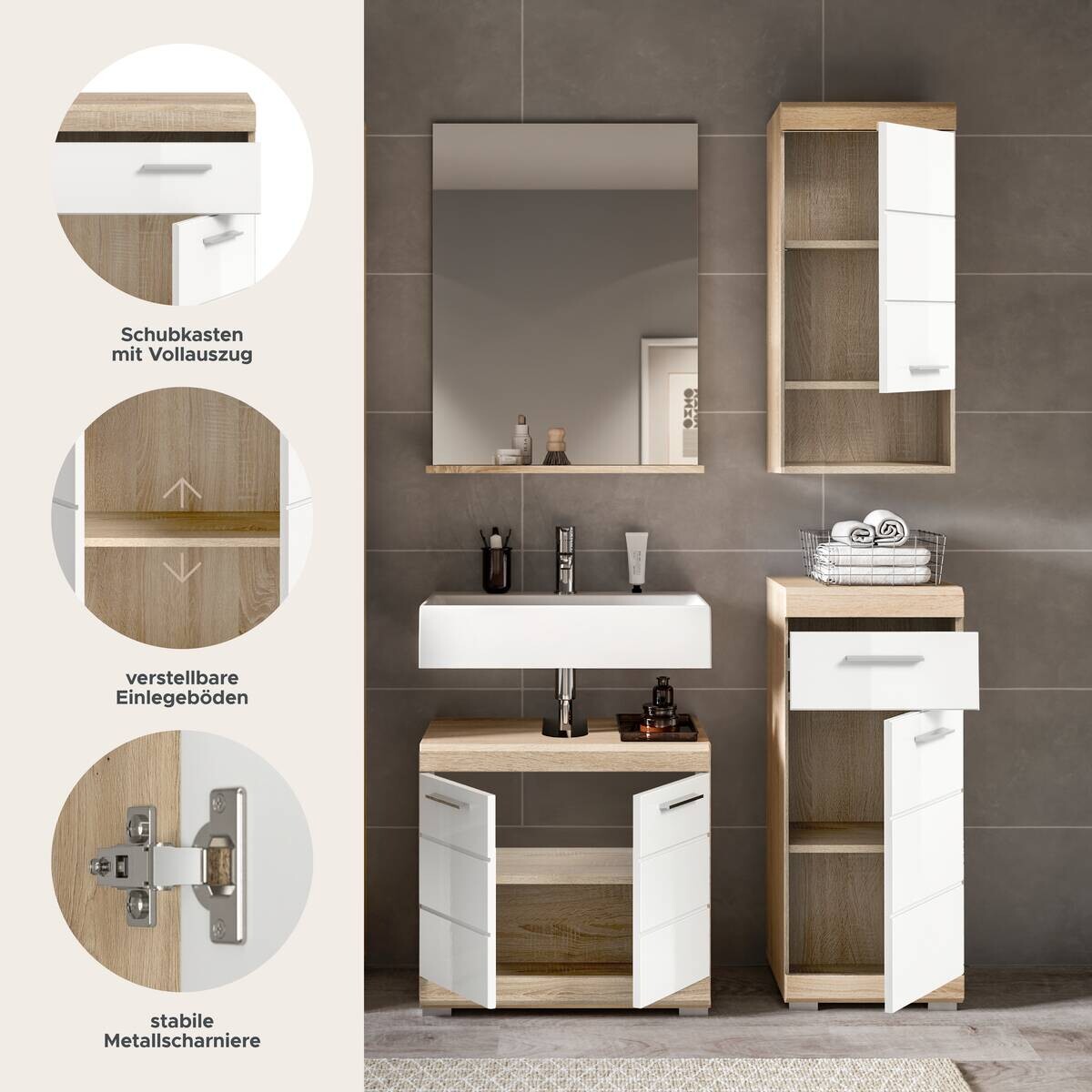 Badezimmer-Set Lambada Eiche Sonoma Nachbildung weiß Hochglanz B/H/T: ca. 112x191x34 cm