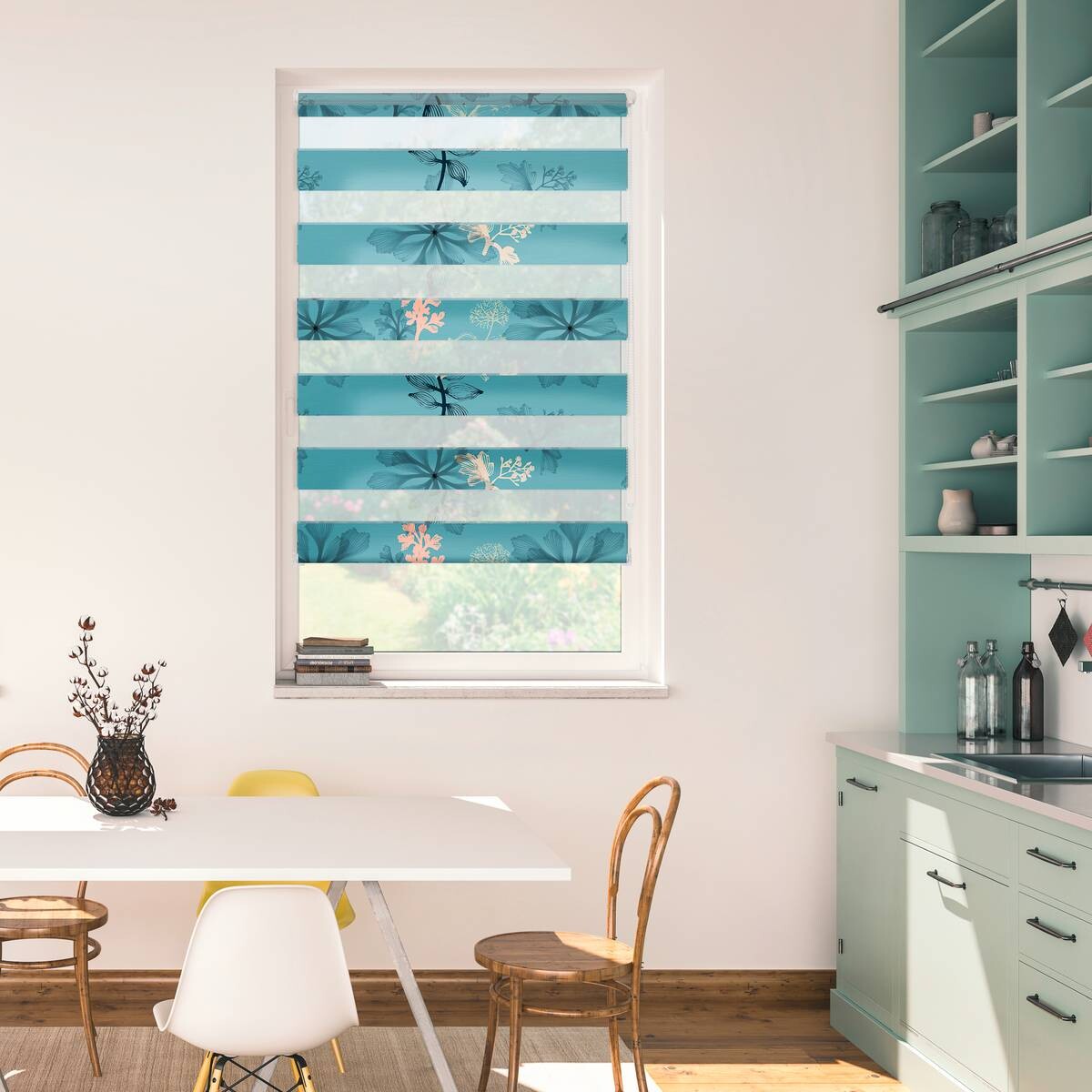 LICHTBLICK Doppelrollo Duo Aqua Floral blau B/L: ca. 60x150 cm