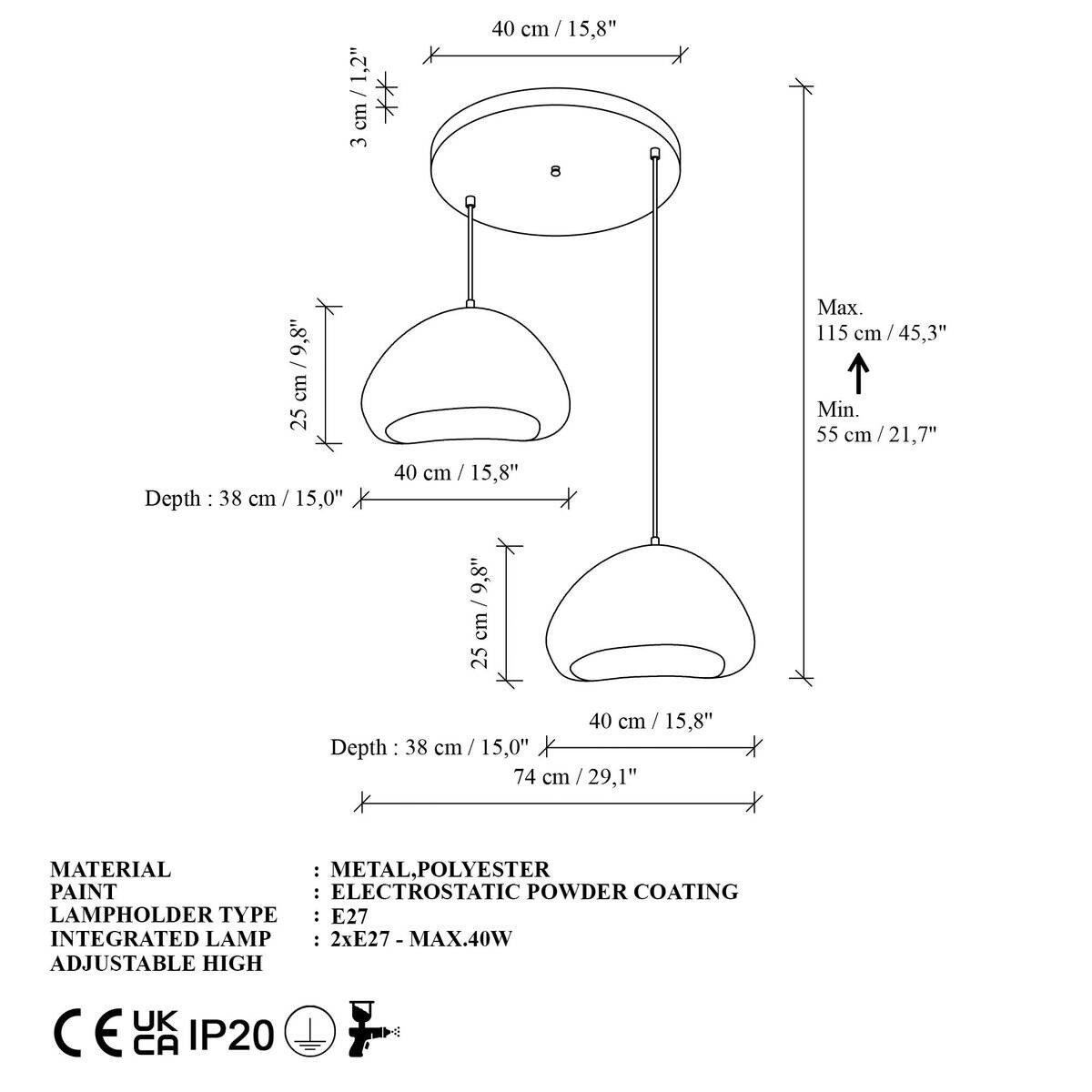 Opviq Pendelleuchte weiß Fiberglas Metall B/T/L: ca. 32x28x32 cm E27 2 Brennstellen