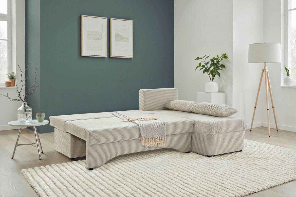 Ecksofa mit Bettfunktion und Bettkasten Greige Microfaser B/H/T: ca. 191x70x142 cm