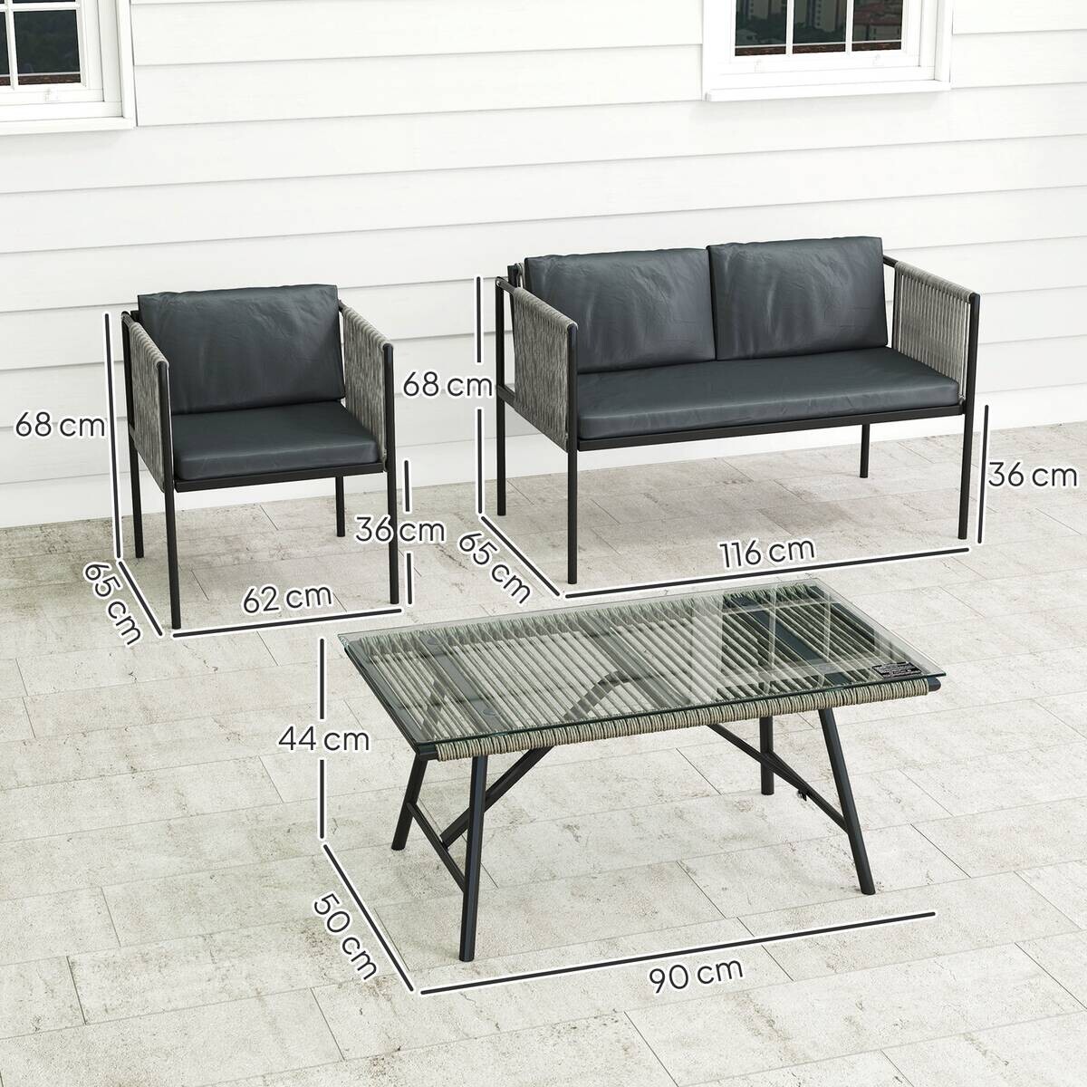 Outsunny Rattan Gartenmöbel-Set grau Stahl B/H/L: ca. 65x68x116 cm