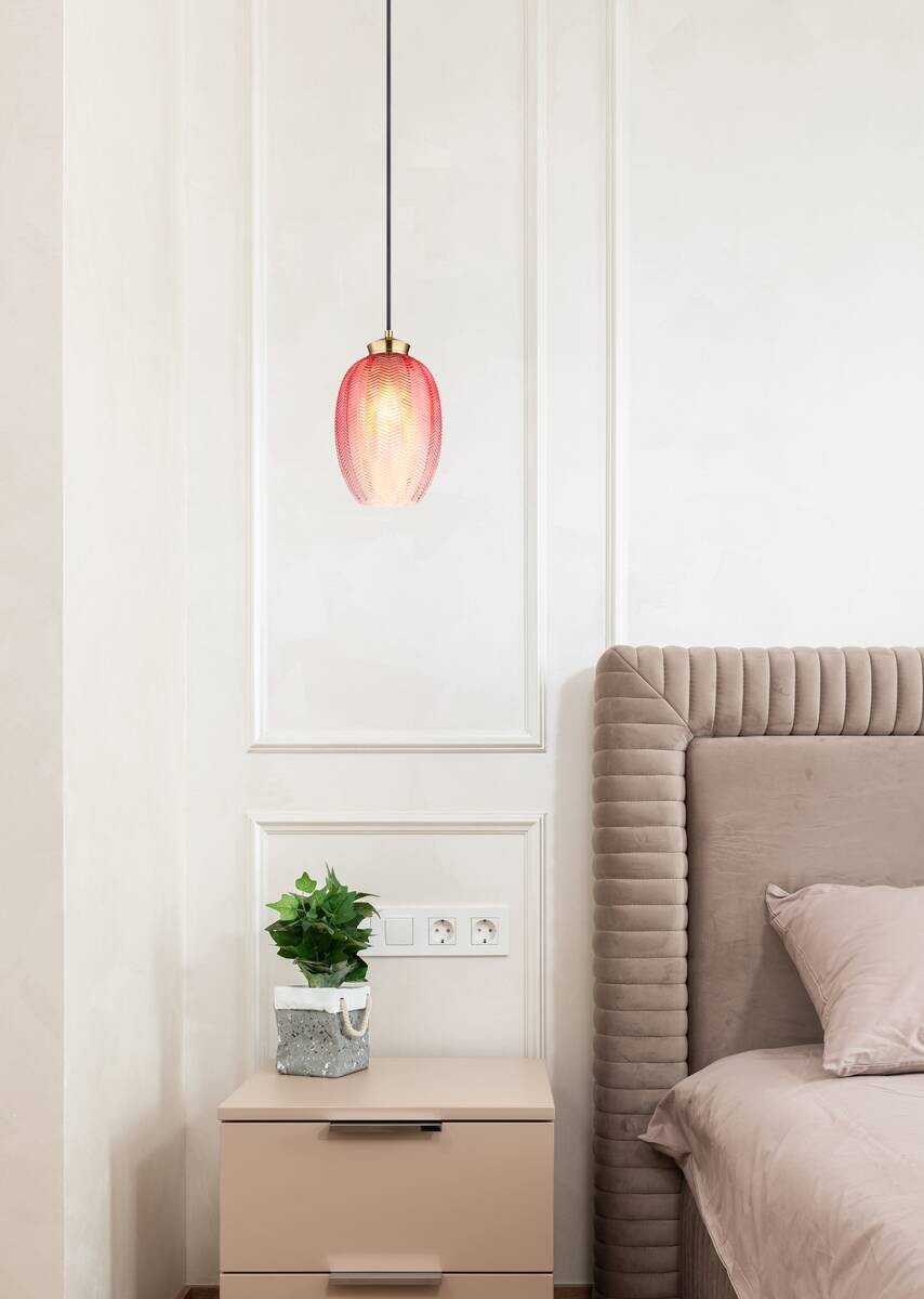 GLOBO Pendelleuchte schwarz gold brombeer Glas Textil Metall H/D: ca. 120x18 cm E27 1 Brennstellen