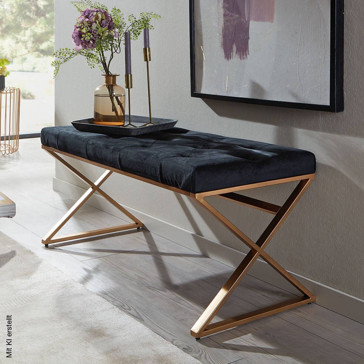 Sitzbank schwarz gold lackiert Edelstahl Samt B/H/T: ca. 90x46x44 cm