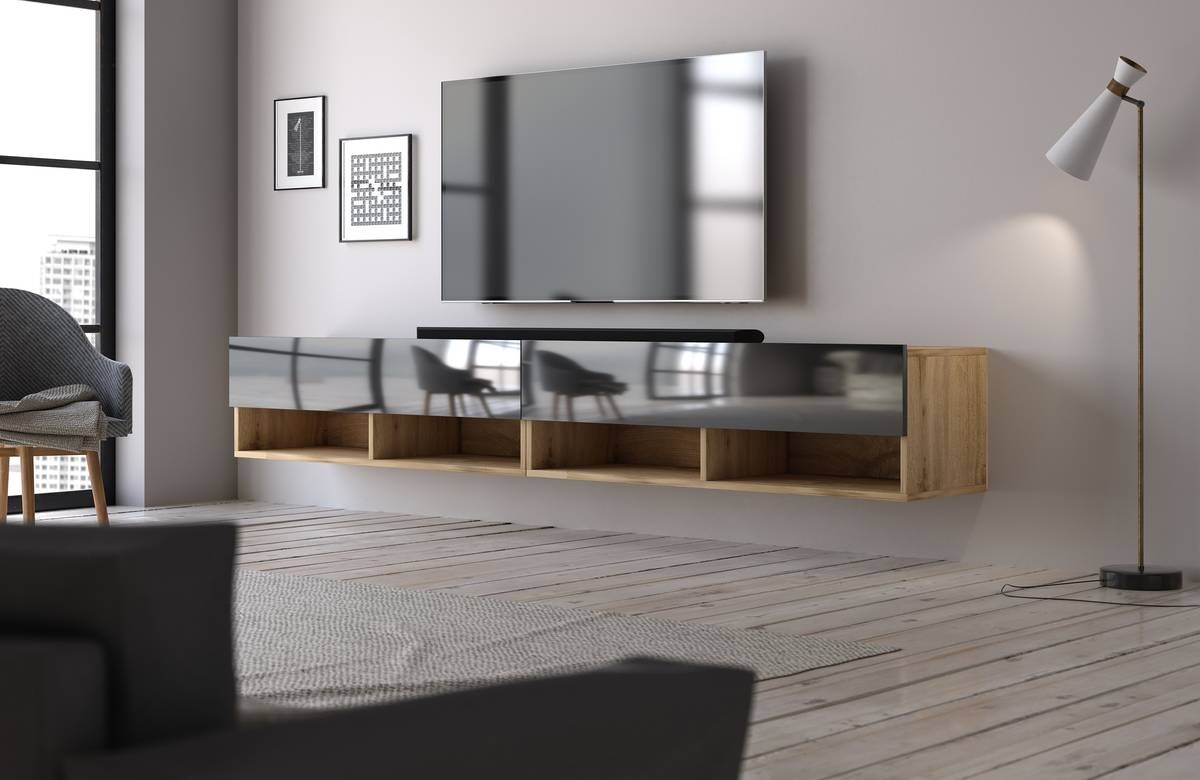 TV-Lowboard TV LOWBOARD DERBY 280 Eiche Wotan Nachbildung schwarz glänzend B/H/T: ca. 280x32,5x31,5 cm