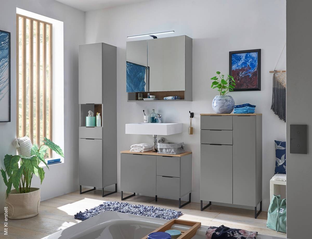 Waschbeckenunterschrank Denver grau matt Eiche Evoke Coast Nachbildung B/H/T: ca. 80x60x35 cm