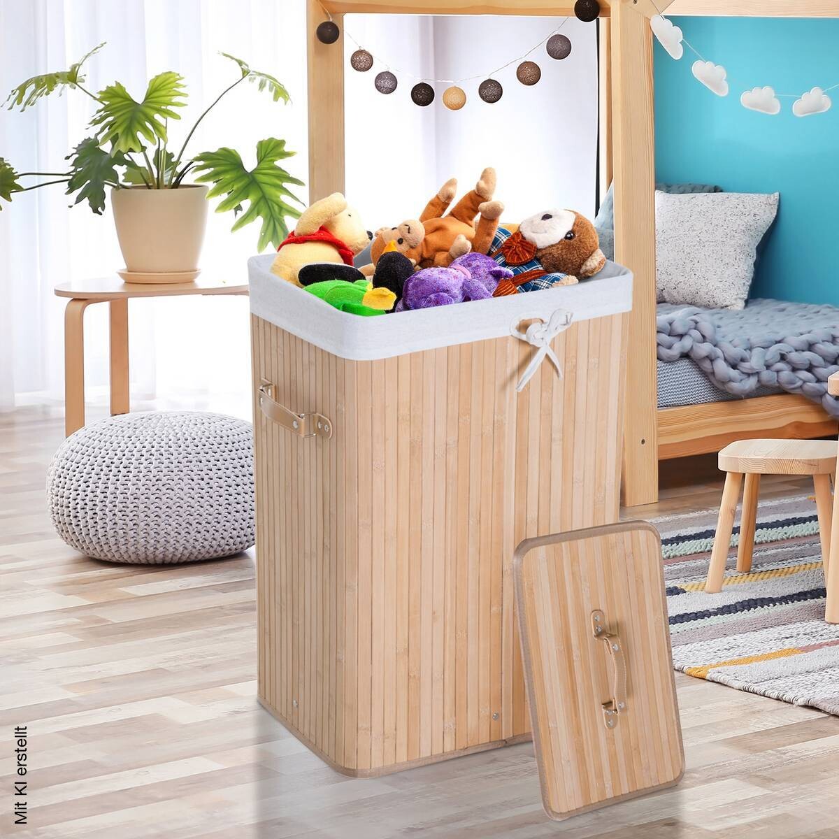 HOMCOM Wäschekorb mit 2 Tragegriffen natur Bambus Stoff Kunststoff B/H/L: ca. 30x60x40 cm