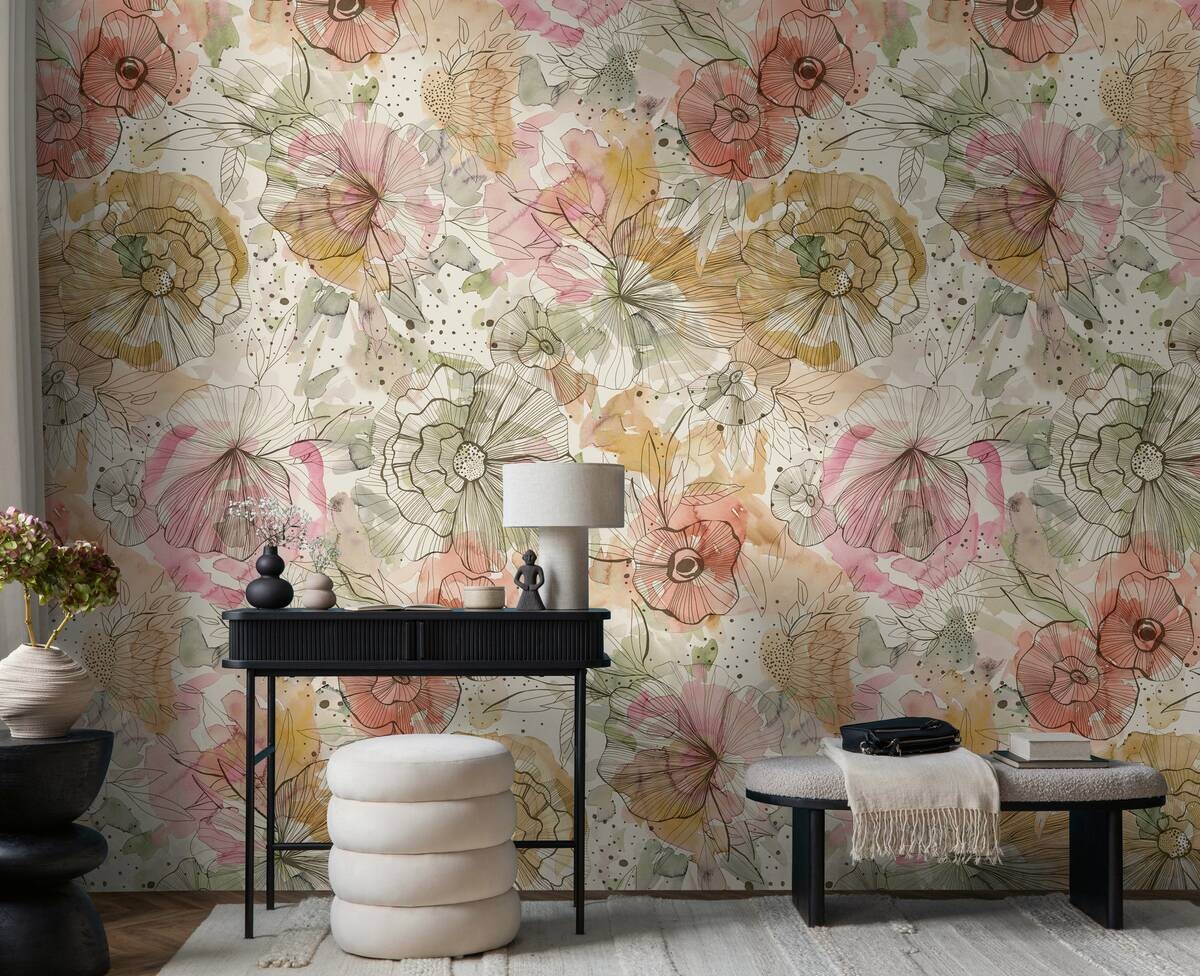 Livingwalls Fototapete Floral orange beige pink B/L: ca. 280x159 cm