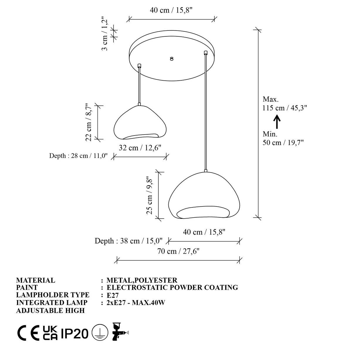 Opviq Pendelleuchte weiß Metall Fiberglas B/T/L: ca. 70x70x70 cm E27 2 Brennstellen