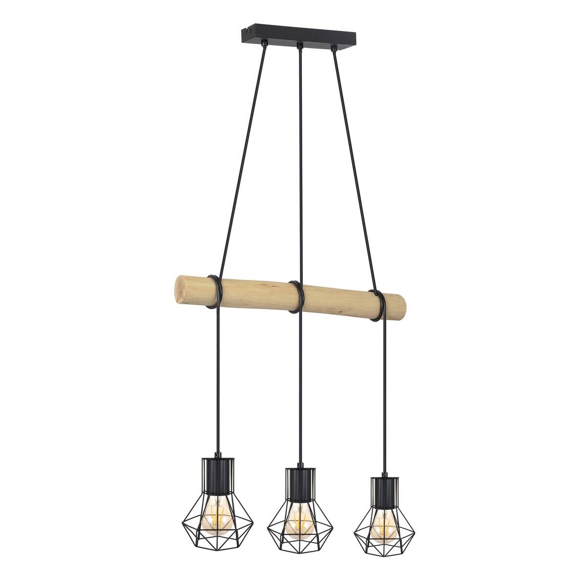 POCOline Pendelleuchte Minetta schwarz natur Metall Holz B/H/T: ca. 50x140x13 cm E27 3 Brennstellen