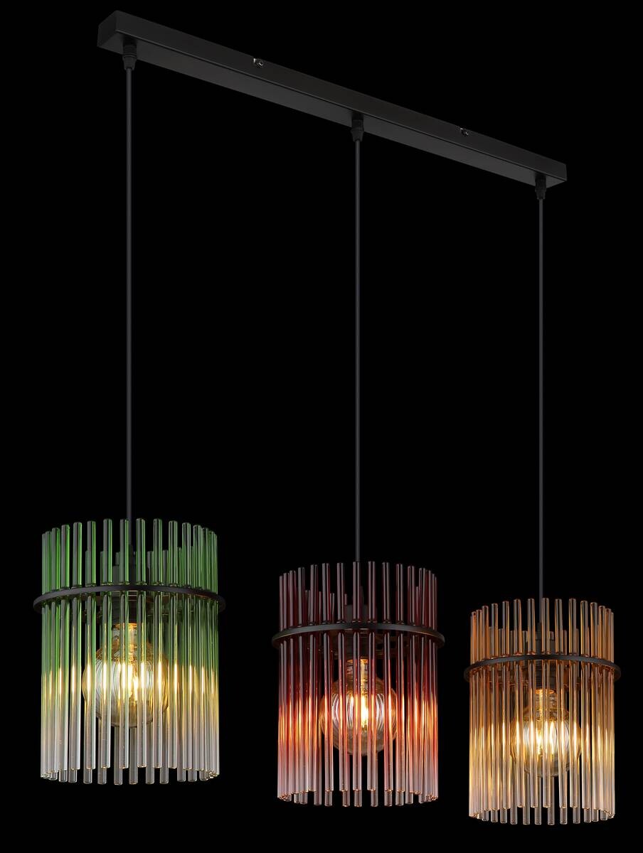 GLOBO Hängeleuchte schwarz grün rot gelb Metall Glas B/H/L: ca. 22x9,5x86,5 cm E27 3 Brennstellen