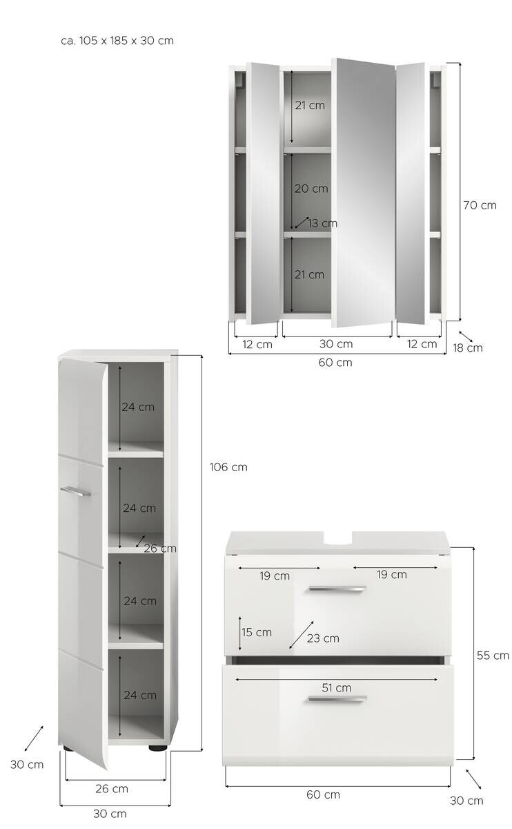Badezimmer-Set Ice weiß weiß Hochglanz B/H/T: ca. 105x185x30 cm