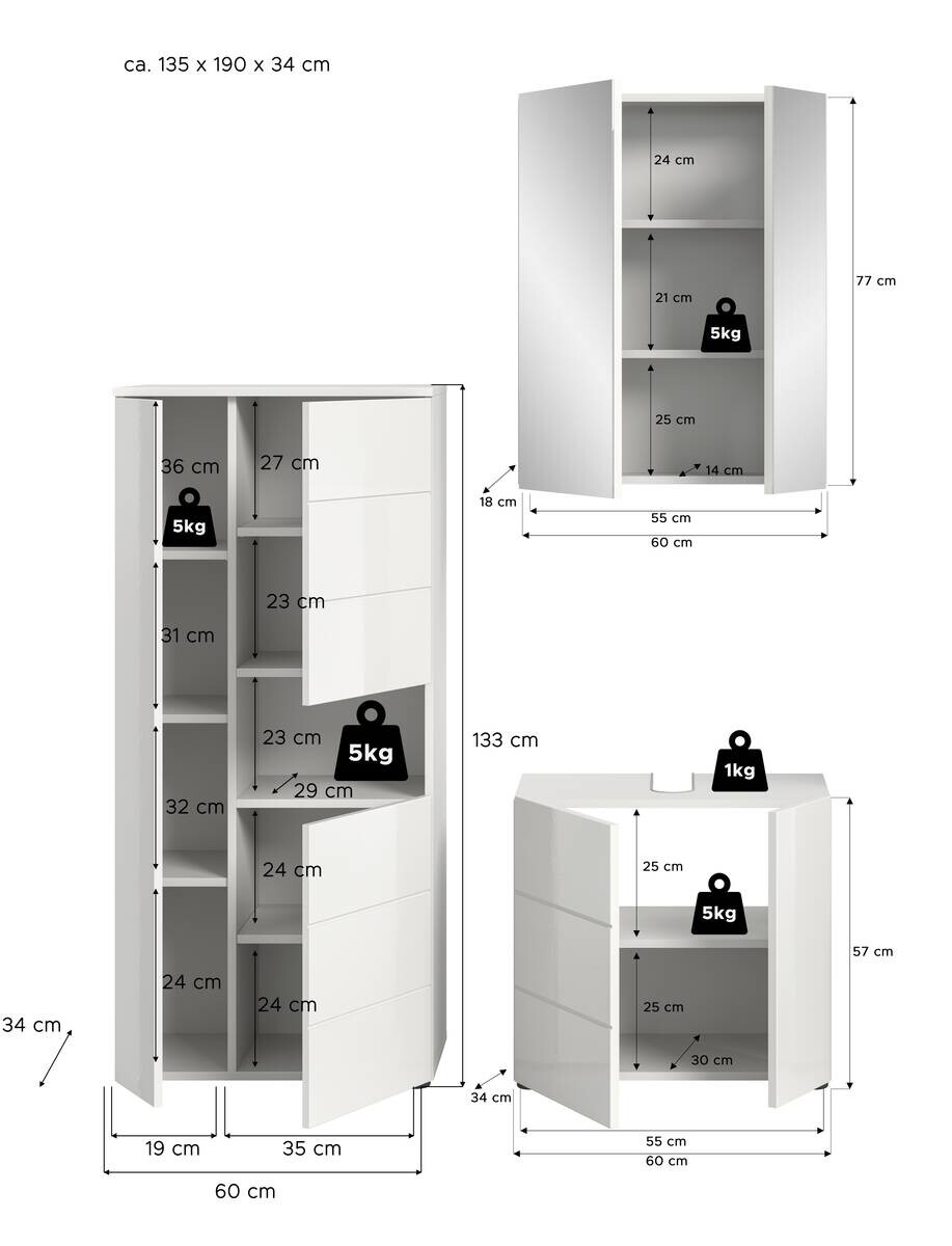 Badezimmer-Set VIRA weiß weiß Hochglanz B/H/T: ca. 135x190x34 cm