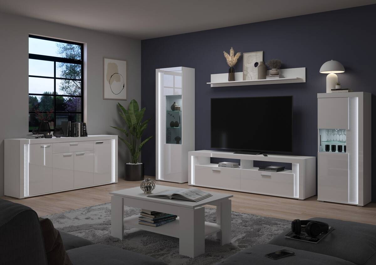 Wohnwand SKYLIGHT weiß weiß Hochglanz Pasol grau B/H/T: ca. 351x202x46 cm