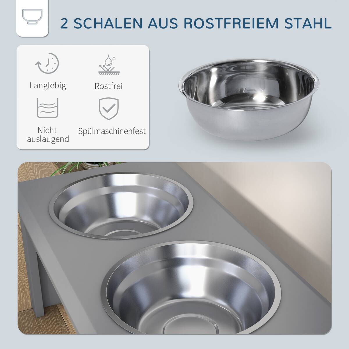 PawHut Futternapf grau Edelstahl B/H/L: ca. 30,5x25,4x58,4 cm