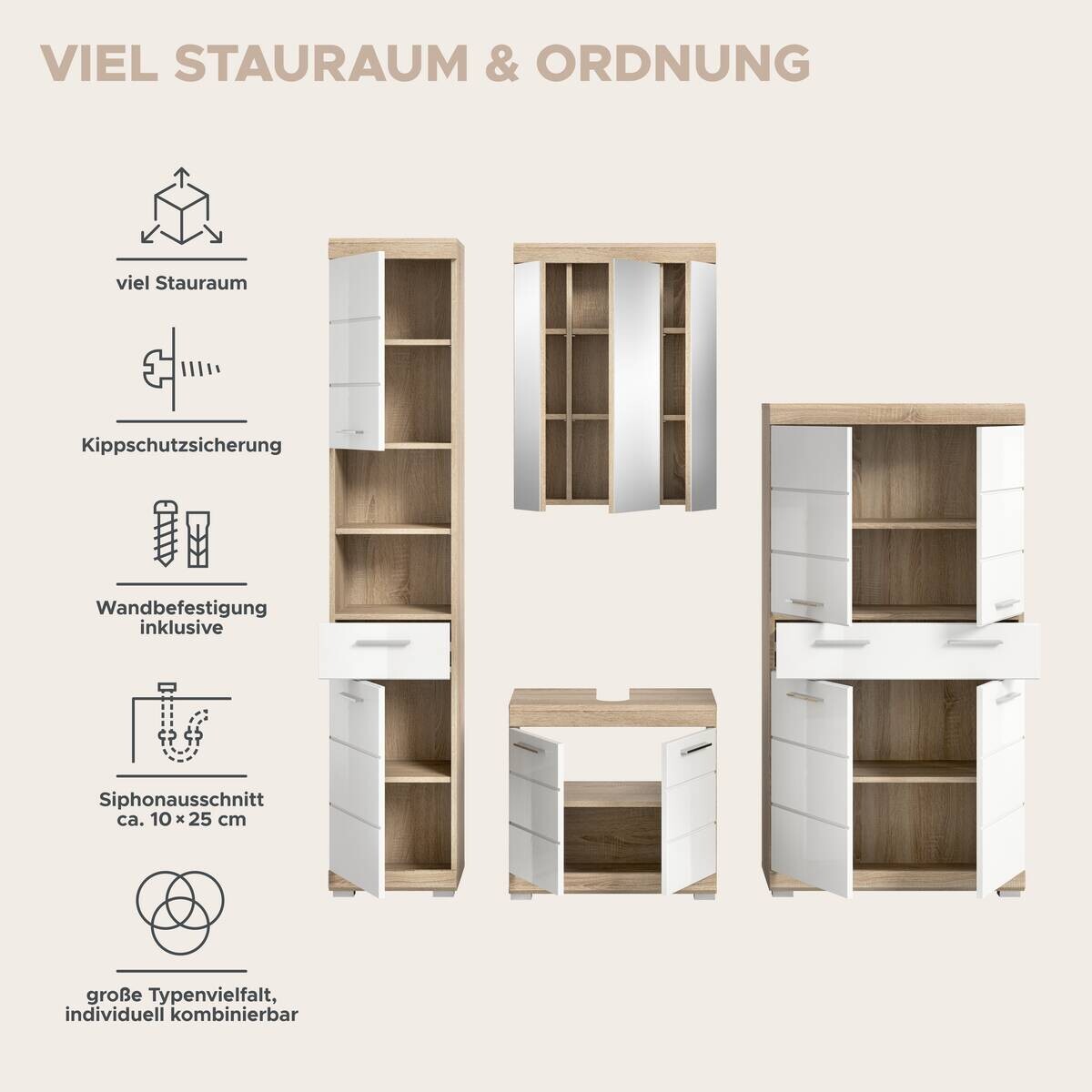 Badezimmer-Set Lambada Eiche Sonoma Nachbildung weiß Hochglanz B/H/T: ca. 186x191x34 cm