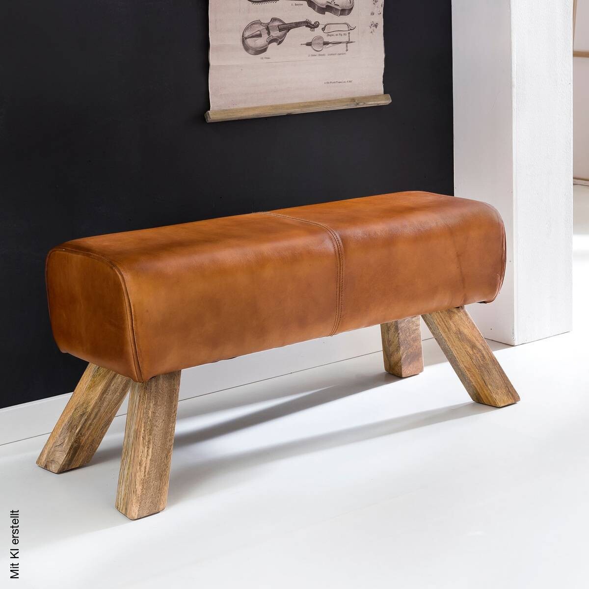 Wohnling Sitzbank braun natur Leder Echtholz B/H/T: ca. 90x43x30 cm