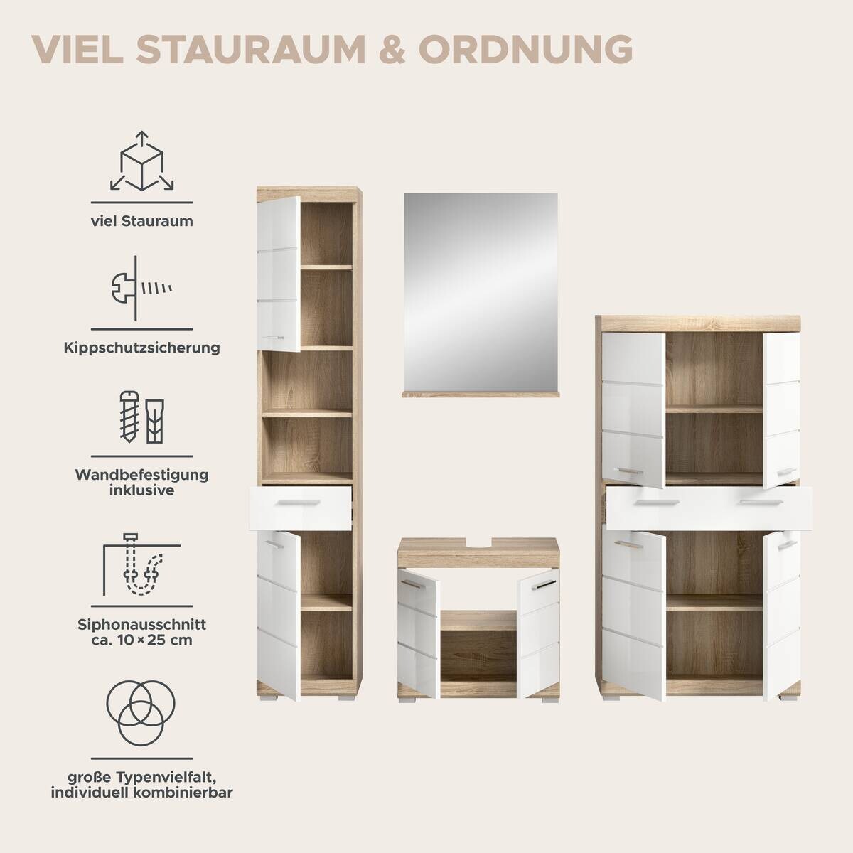 Badezimmer-Set Lambada Eiche Sonoma Nachbildung weiß Hochglanz B/H/T: ca. 186x191x34 cm