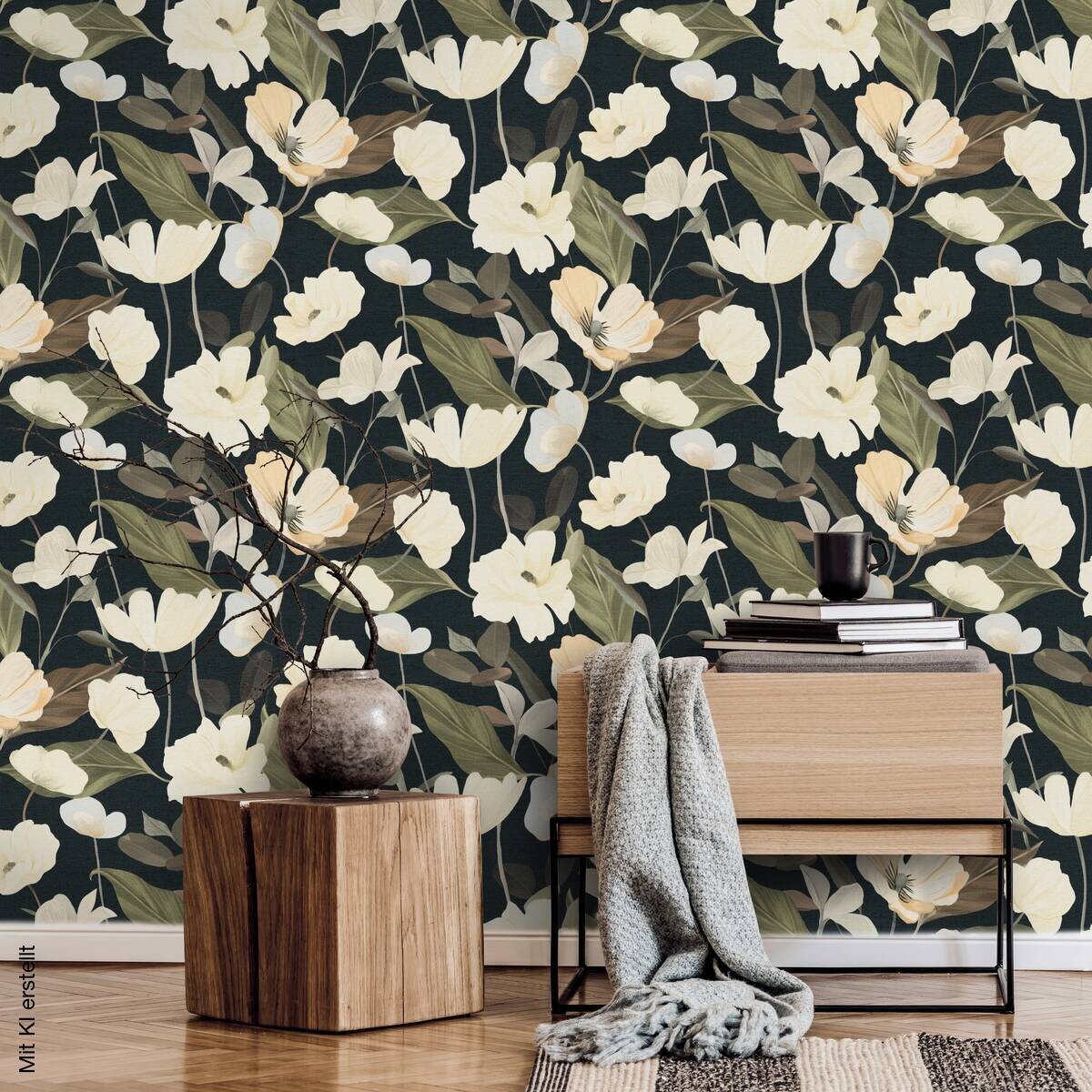 Vliestapete Blumen beige schwarz B/L: ca. 53x1005 cm
