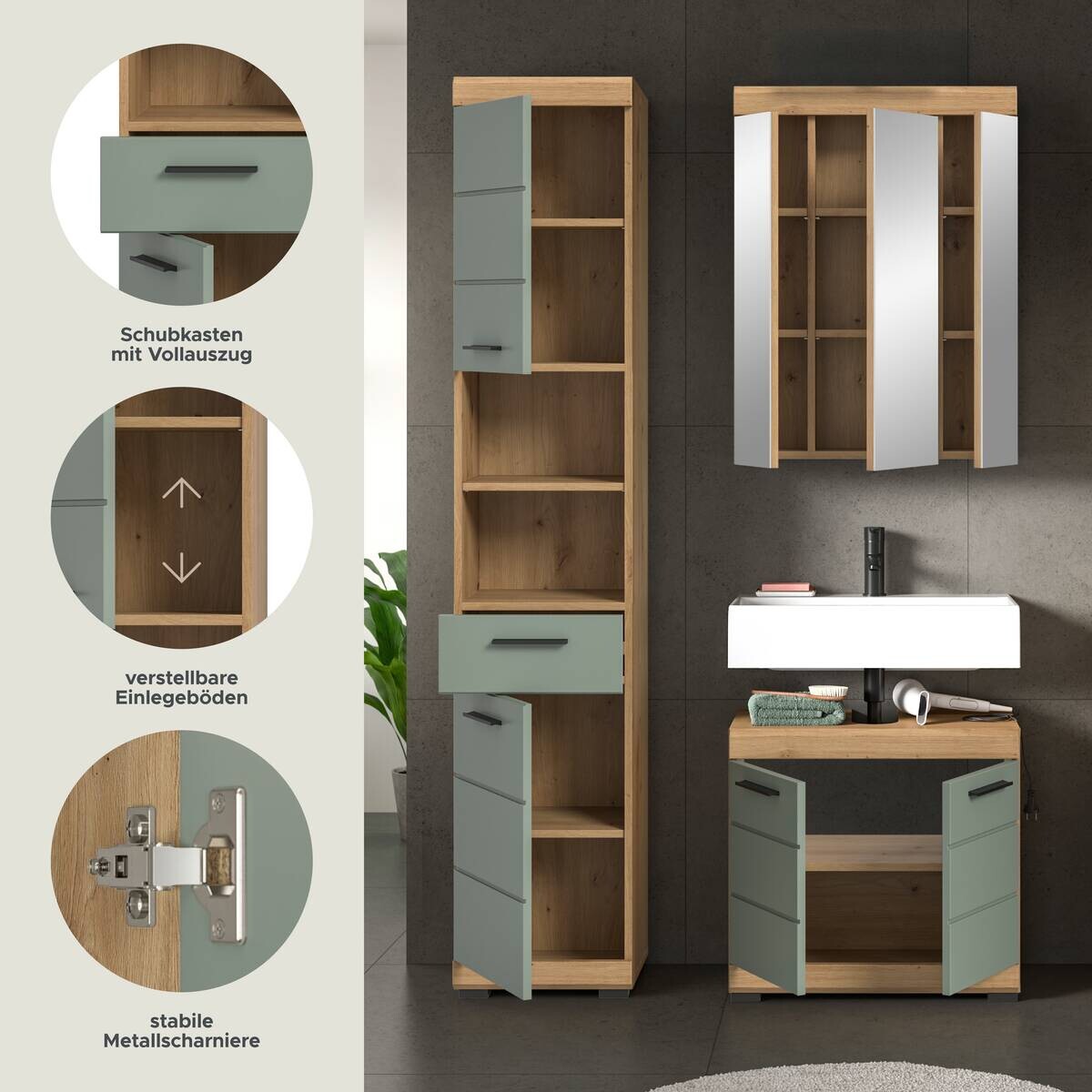 Badezimmer-Set Scout Eiche Artisan Nachbildung salbei Nachbildung B/H/T: ca. 112x191x34 cm