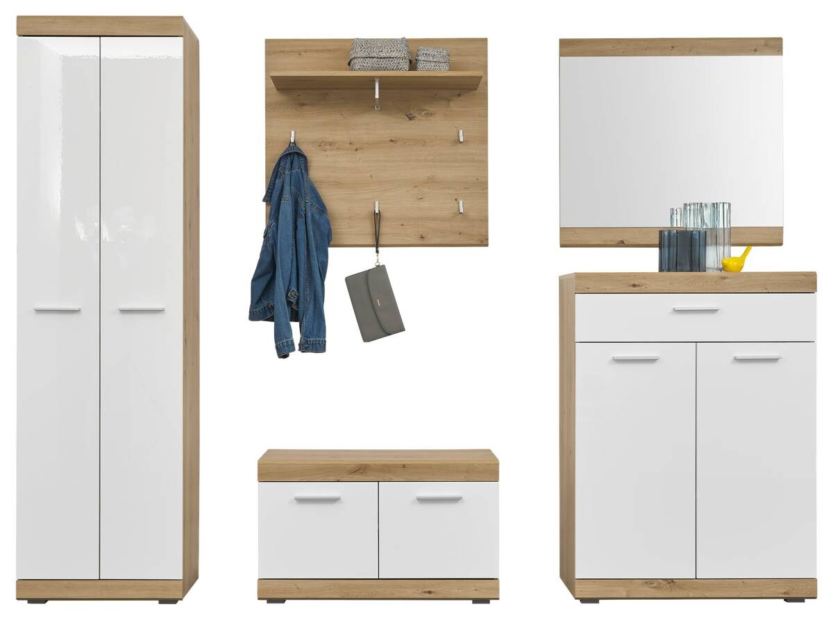 Garderobenschrank Nola Eiche Artisan Nachbildung weiß Hochglanz B/H/T: ca. 55x195x38 cm