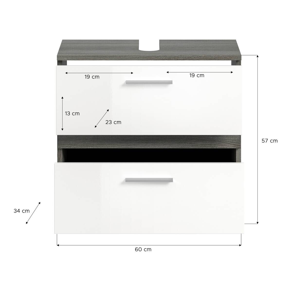 Waschbeckenunterschrank BLAKE Rauchsilber Nachbildung weiß Hochglanz B/H/T: ca. 60x57x34 cm