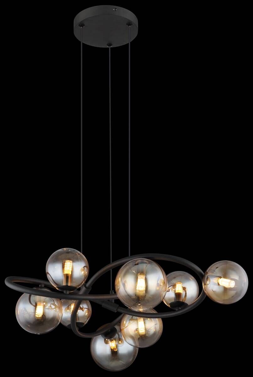 GLOBO LED-Pendelleuchte 10676 mattschwarz amber Metall Glas H/D: ca. 120x65 cm 8.0 Brennstellen