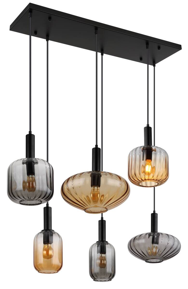 GLOBO Pendelleuchte schwarz Rauch amber Metall Glas PVC B/H/L: ca. 47x150x100 cm E27 6 Brennstellen