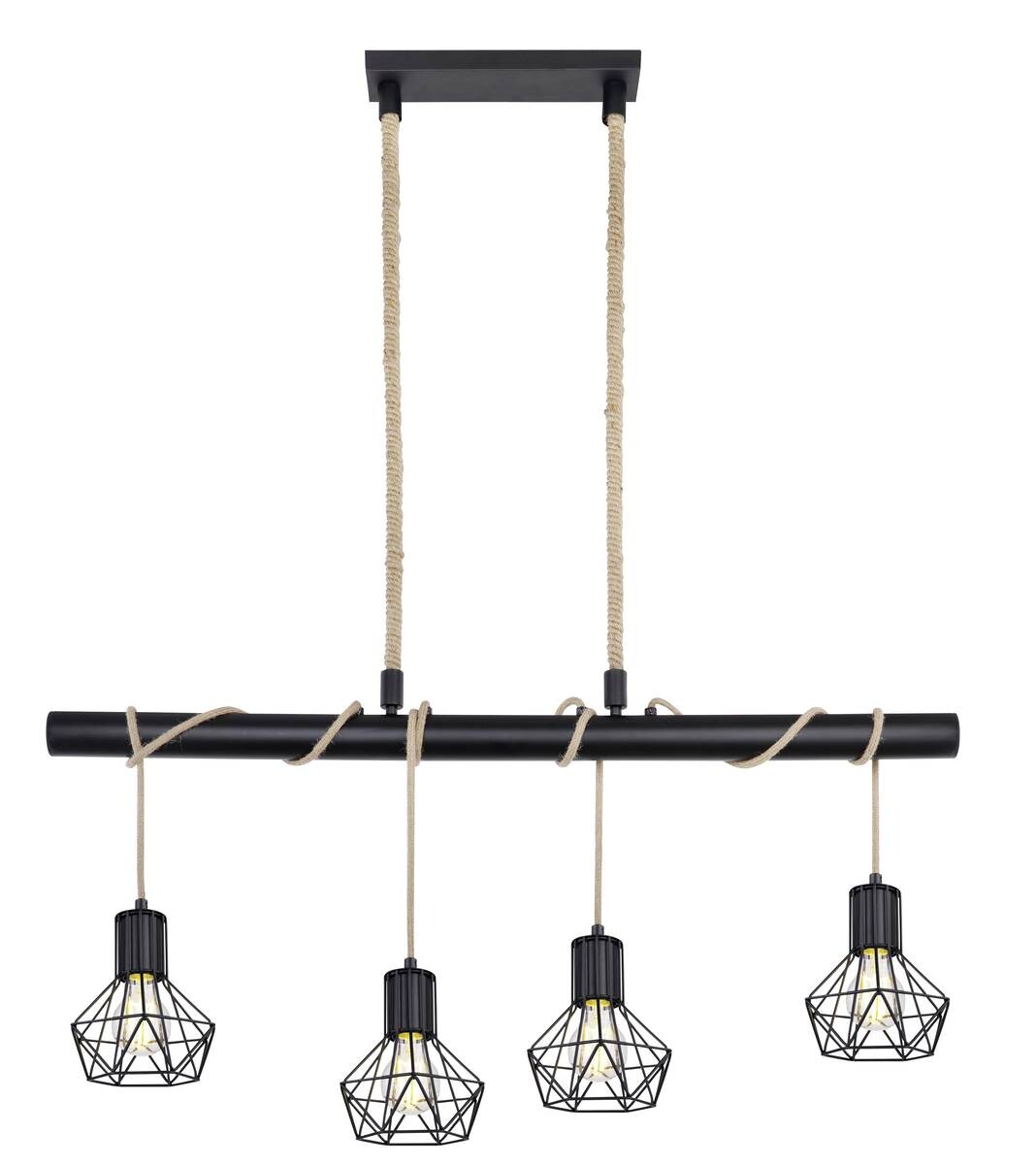 GLOBO Pendelleuchte PRISKA 54017-4H schwarz Metall Hanfseil B/H/T: ca. 100x120x15 cm