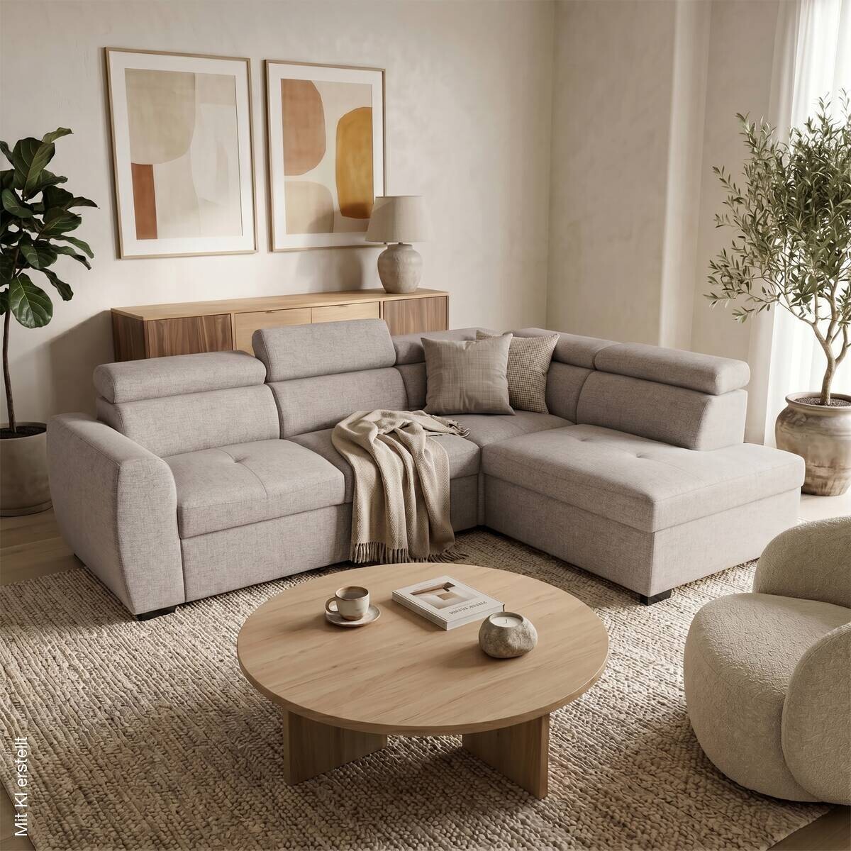 Ecksofa mit Bettfunktion und Bettkasten beige Webstoff B/H/T: ca. 245x184x87 cm