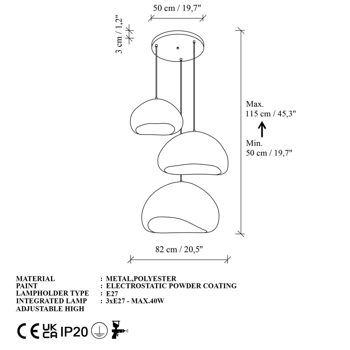 Opviq Pendelleuchte weiß Metall Fiberglas B/H/T/L/D: ca. 82x115x82x82x82 cm E27 3 Brennstellen