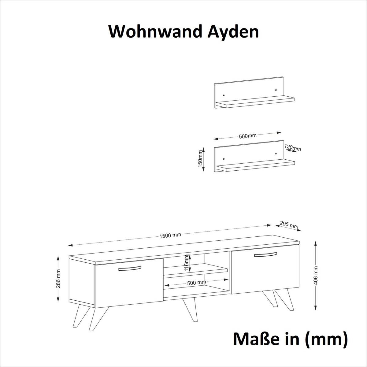 Wohnwand Ayden walnuss Nachbildung dunkelgrau Marmor Optik B/H/T: ca. 150x40,6x30 cm