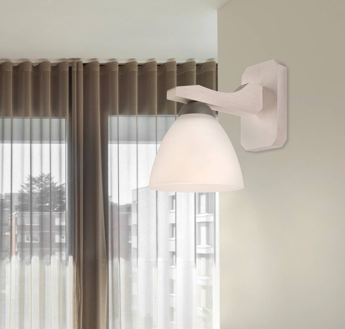 Lamkur Wandleuchte weiß buche Glas Stahl Holz B/H/L: ca. 20x20x30 cm E27 1 Brennstellen