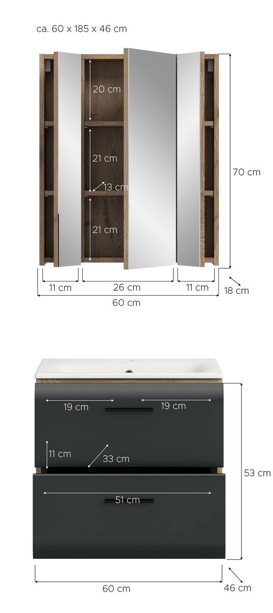 Badezimmer-Set Ice Nox Oak Nachbildung schwarz matt B/H/T: ca. 60x185x46 cm