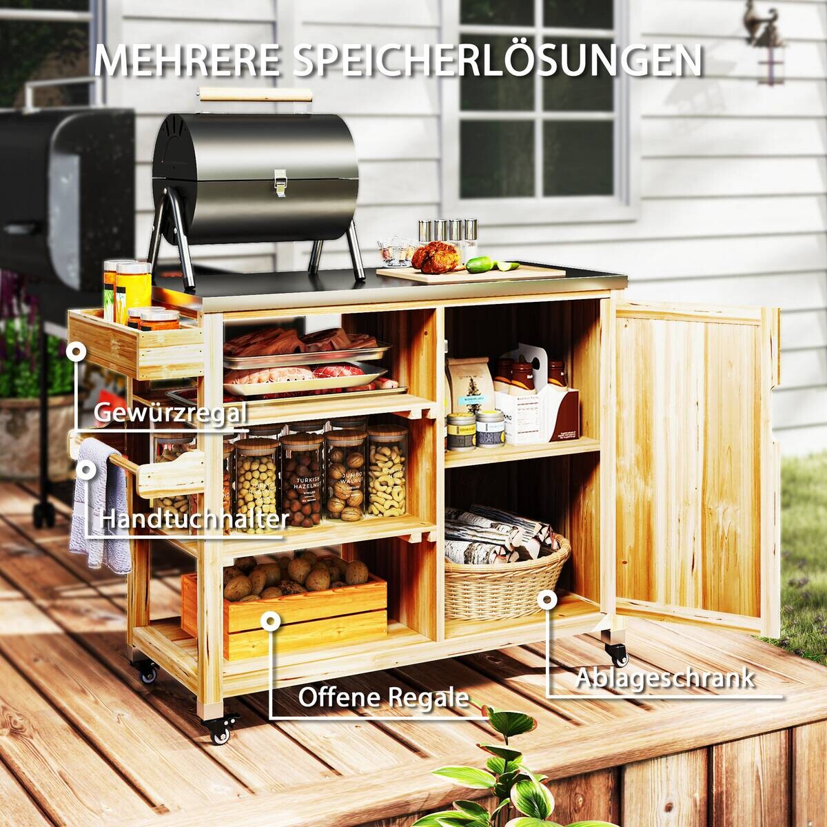 Outsunny Grillwagen Holz B/H/L: ca. 50x91,5x134,5 cm