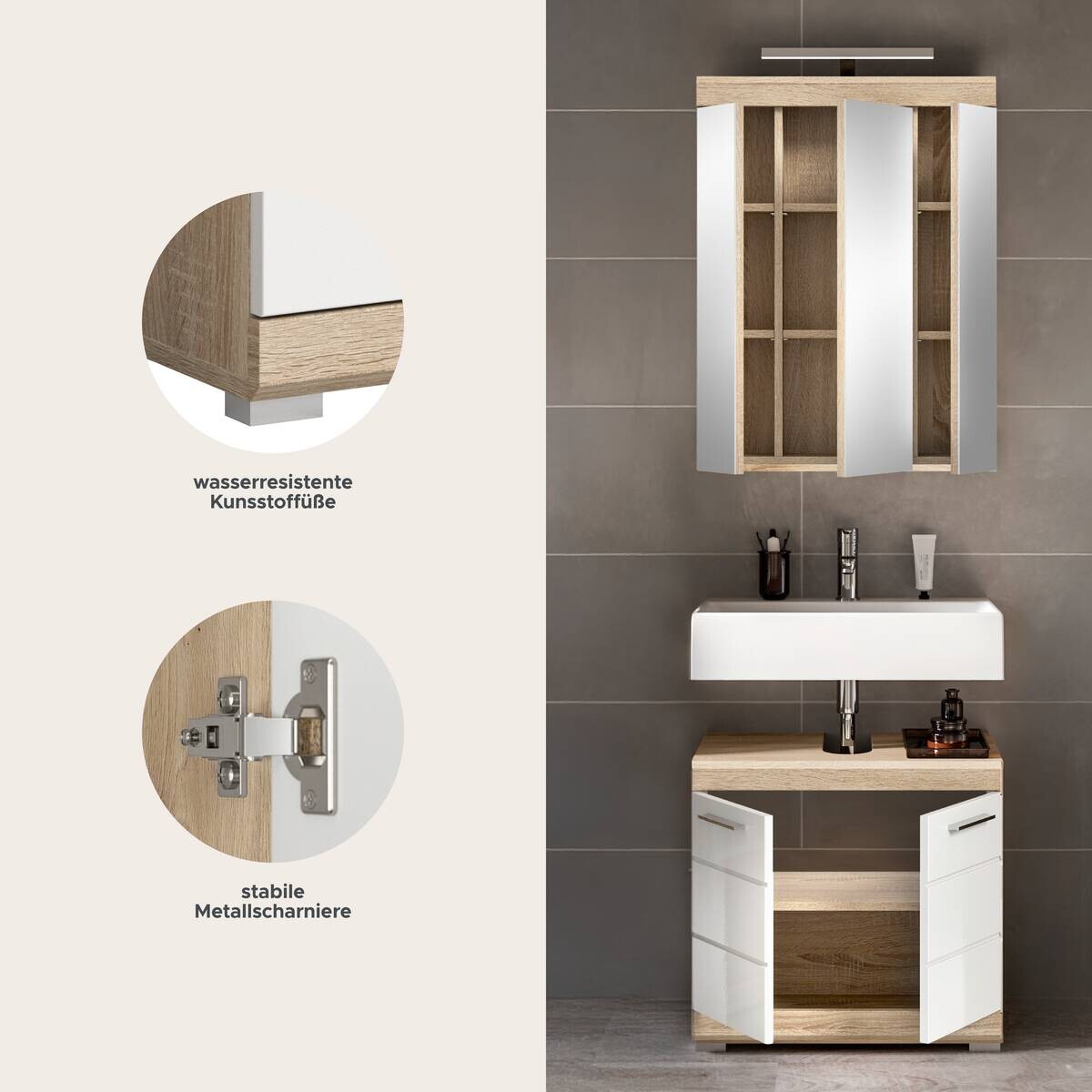 Badezimmer-Set Lambada Eiche Sonoma Nachbildung weiß Hochglanz B/H/T: ca. 60x191x34 cm