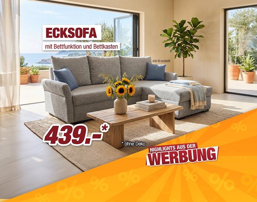 Unsere Werbe Highlights - Ecksofa mit Bettfunktion und Bettkasten