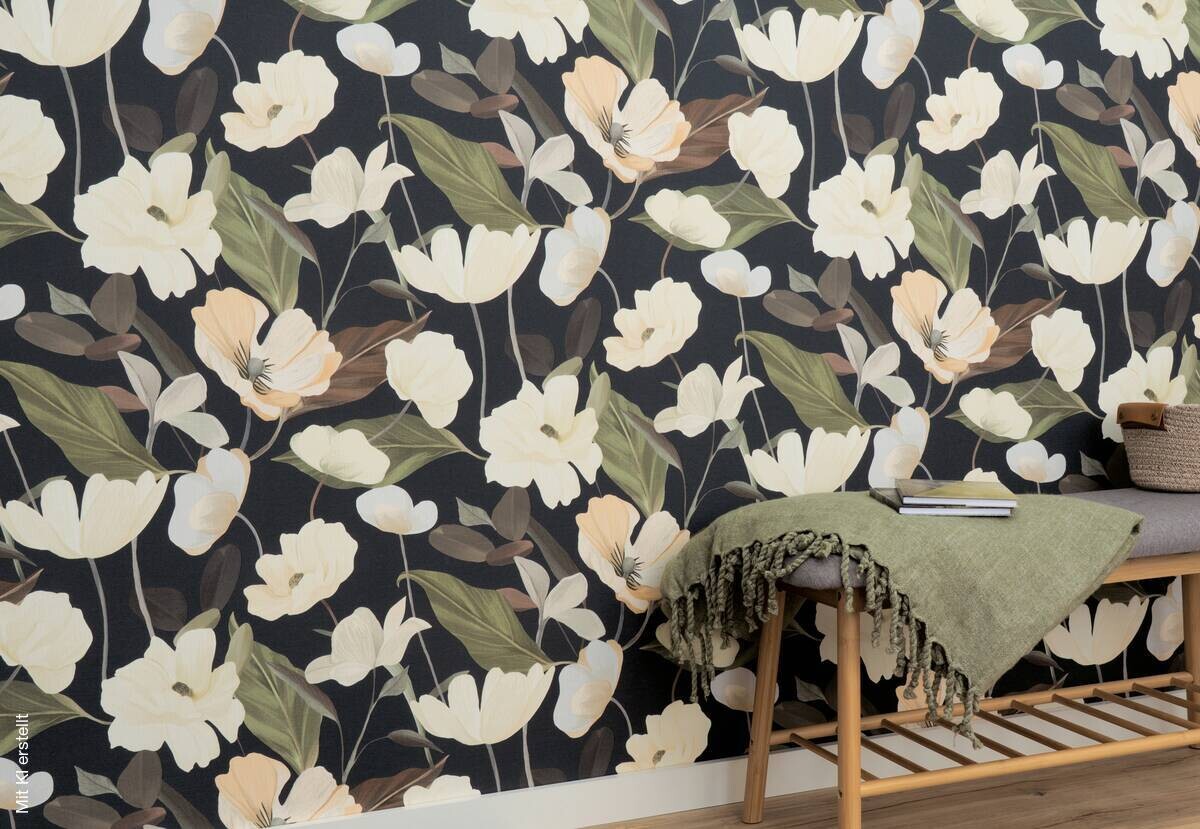 Vliestapete Blumen beige schwarz B/L: ca. 53x1005 cm