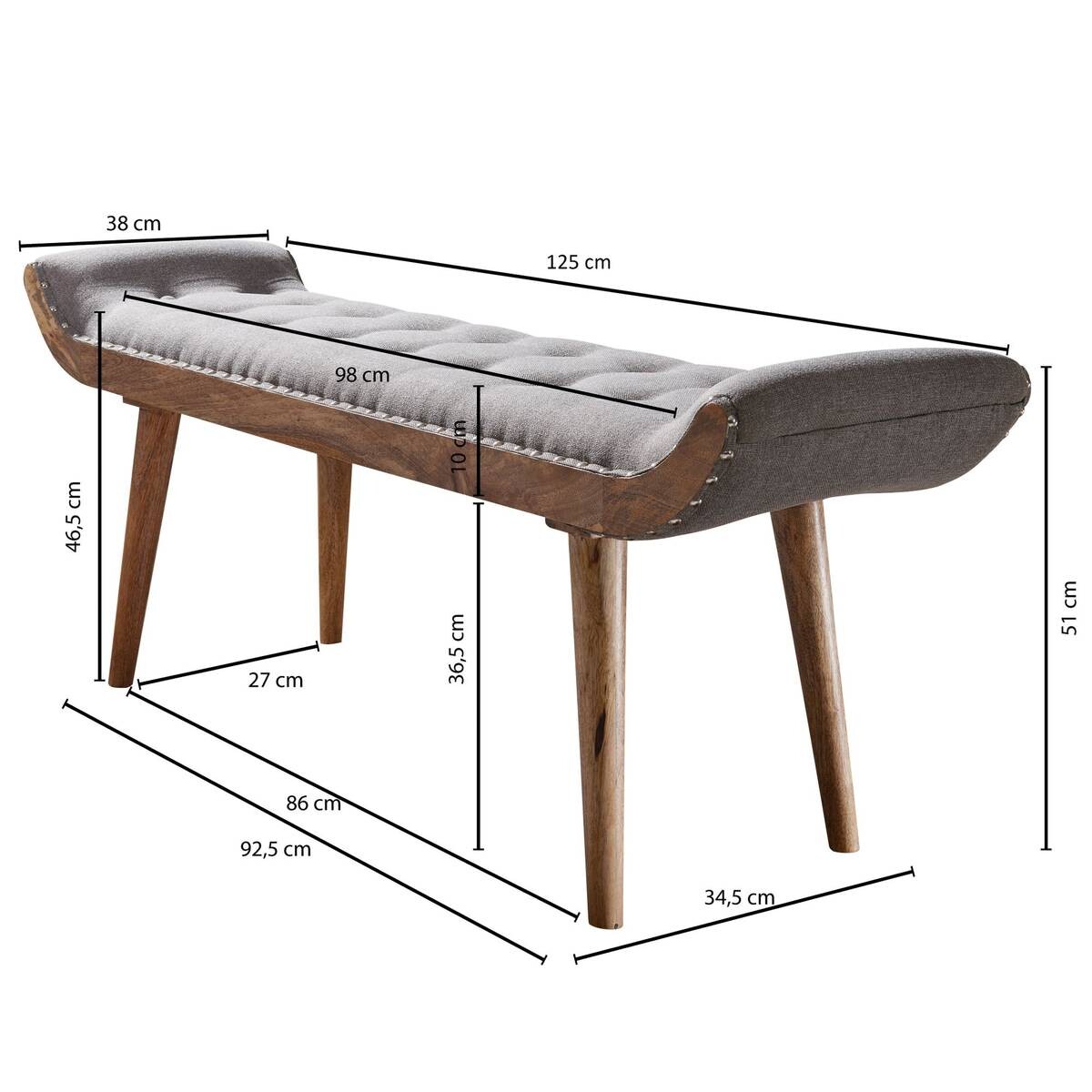 Wohnling Sitzbank grau natur Stoff Echtholz B/H/T: ca. 125x51x38 cm