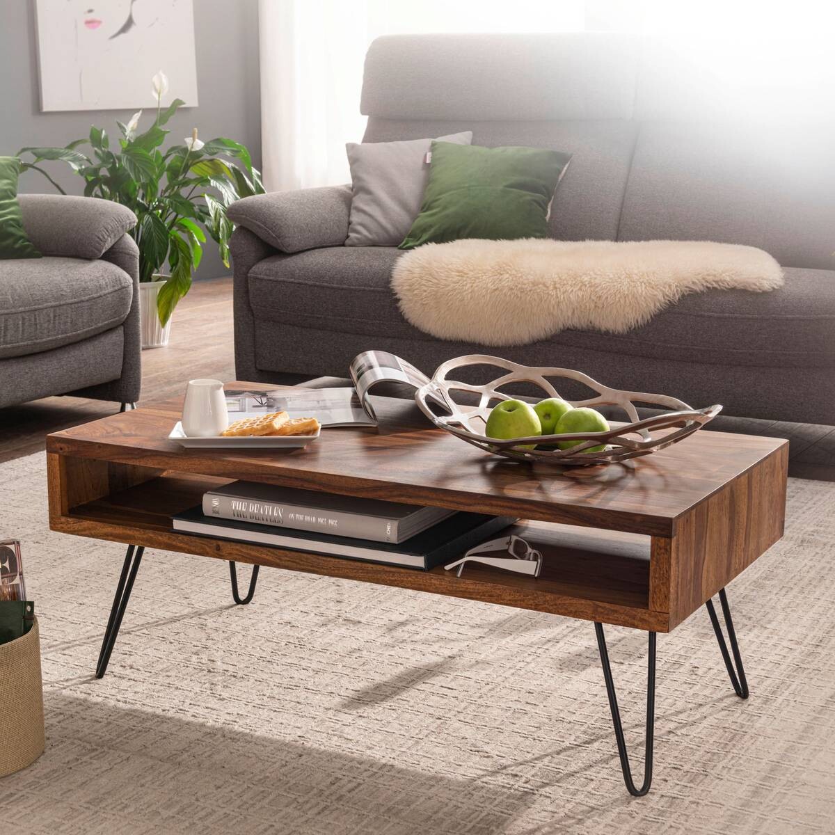 Wohnling Couchtisch natur schwarz Echtholz Edelstahl B/H/T: ca. 100x40x50 cm