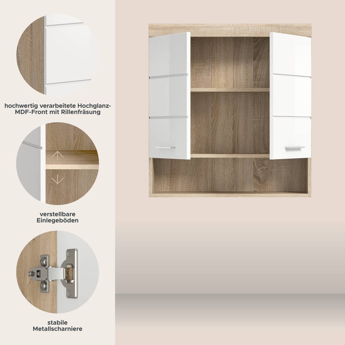Badhängeschrank Lambada Eiche Sonoma Nachbildung weiß Hochglanz B/H/T: ca. 74x79x24 cm