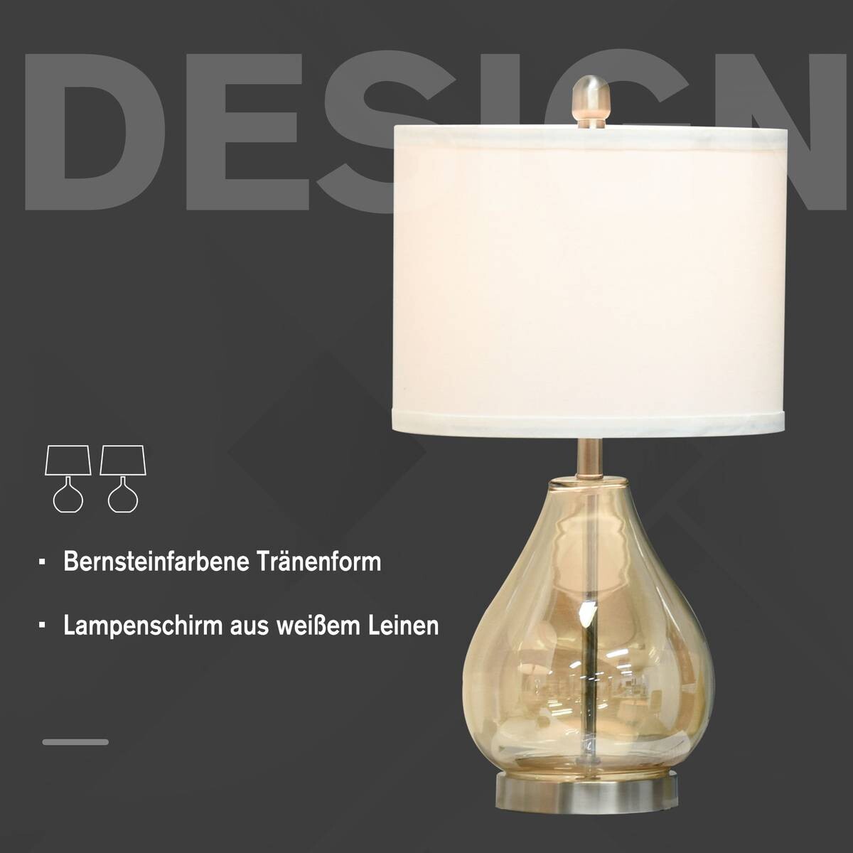 HOMCOM 2er-Tischleuchtenset B31-251 goldgelb cremeweiß silber Leinen Stahl Glas B/H/T: ca. 30x56x30 cm E27 1 Brennstellen