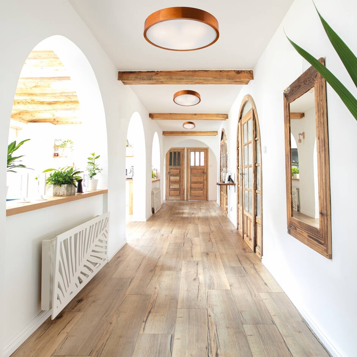 Lamkur Deckenleuchte rustikal Holz Glas B/H/L: ca. 48,5x12x48,5 cm 3 Brennstellen