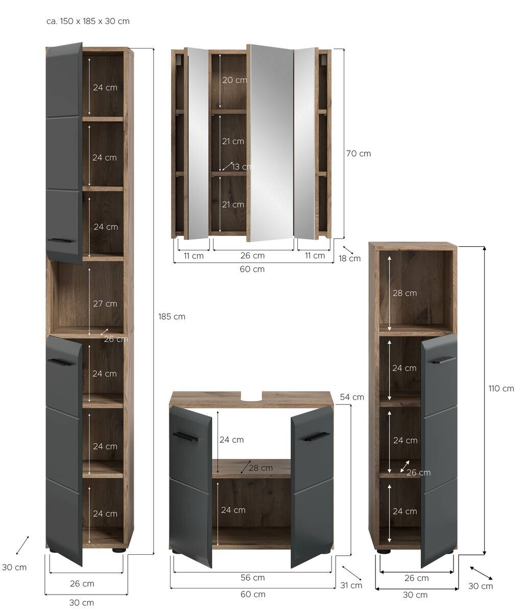 Badezimmer-Set Ice Nox Oak Nachbildung schwarz matt B/H/T: ca. 150x185x30 cm
