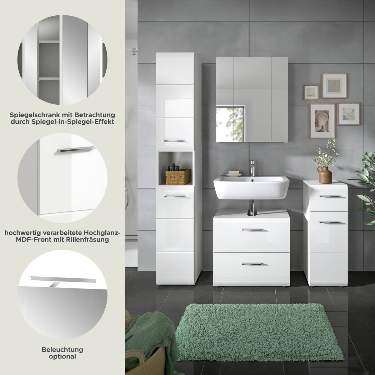 Badezimmer-Set Ice weiß weiß Hochglanz B/H/T: ca. 150x185x30 cm