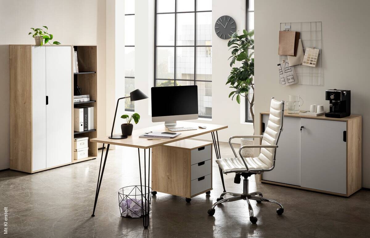 Schreibtisch Emmik schwarz Eiche Eiche weiß Nachbildung B/H/T: ca. 138x73,7x60 cm