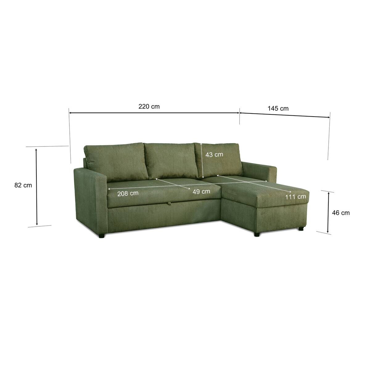 Ecksofa mit Bettfunktion und Bettkasten khaki Microfaser B/H/T: ca. 215x145x82 cm