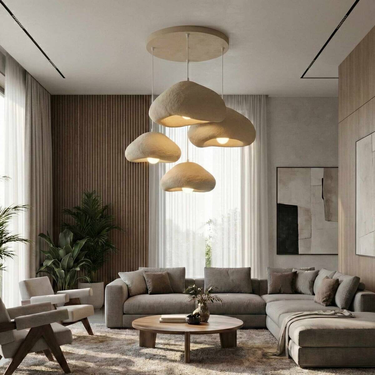 Opviq Pendelleuchte beige Metall Fiberglas B/H/T/L: ca. 154x110x46x154 cm E27 4 Brennstellen