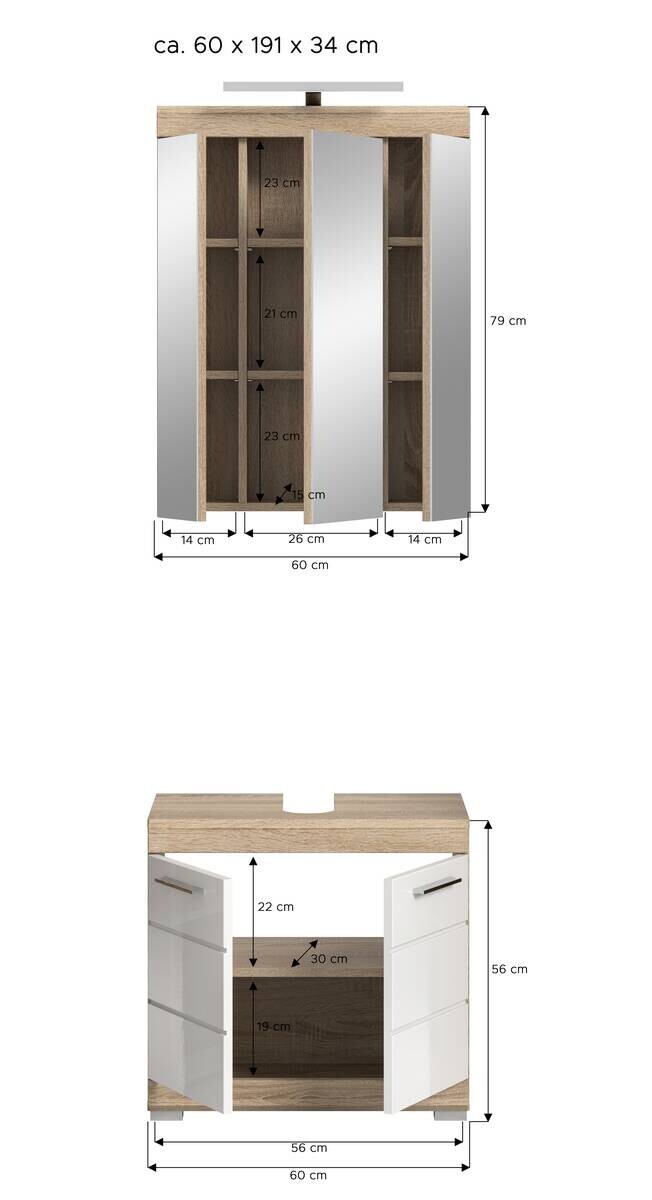 Badezimmer-Set Lambada Eiche Sonoma Nachbildung weiß Hochglanz B/H/T: ca. 60x191x34 cm