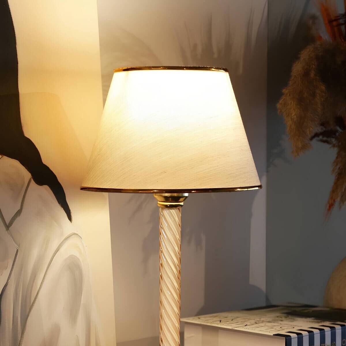Opviq Tischleuchte beige gold Kunststoff Stoff B/H/L: ca. 22x45x22 cm E27 1 Brennstellen