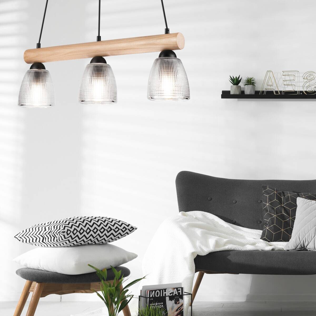 Lamkur Pendelleuchte natur Stahl B/H/L: ca. 20x93x63 cm E27 3 Brennstellen